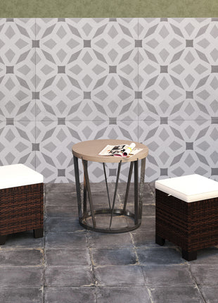 2 Piece Wicker Outdoor Ottomans with Cushions, Rattan Ottoman Footrest and Side Table for Patio, Yard, Poolside, Beige