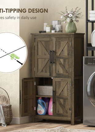 Bathroom Floor Storage Cabinet, Farmhouse Bathroom Cabinet with 4 Doors and Adjustable Shelf, Brown