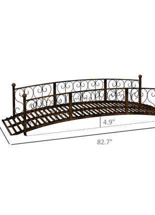7' Metal Arch Garden Bridge Arc Footbridge with Side Railings Decorative Scrollwork, Bronze