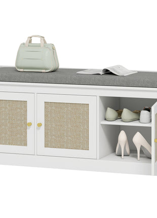 Shoe Storage Bench with Woven Rattan Doors, Shoe Bench with Cushion, Adjustable Shelves, Entryway Bench, White