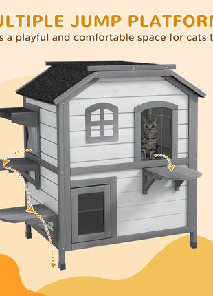 Wooden 2-Story Outdoor Cat House, Feral Cat Shelter Kitten Condo with Openable Asphalt Roof and 4 Platforms, White