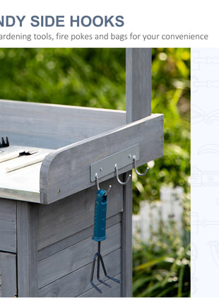 Outdoor Potting Bench Table, Garden Work Station with Storage Cabinet, Open Shelf and Steel Tabletop, Gray