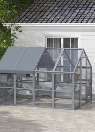 Wooden Catio Outdoor Cat Enclosure with Waterproof Cover, 2 Condos, 6 Platforms, Bridge, Doors, Gray