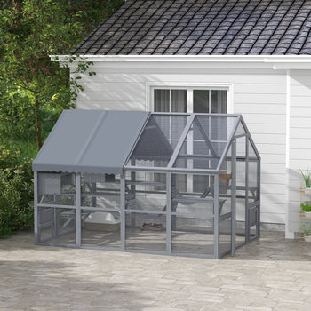 Wooden Catio Outdoor Cat Enclosure with Waterproof Cover, 2 Condos, 6 Platforms, Bridge, Doors, Gray