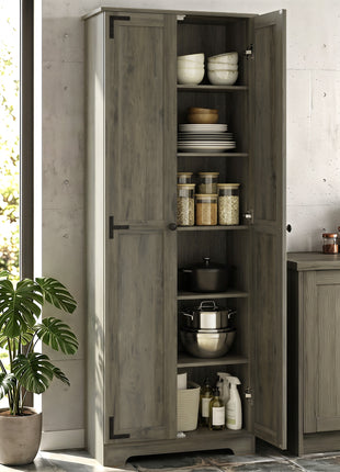 67" Farmhouse Pantry Cabinet, Freestanding Food Pantry Cabinet with Adjustable Shelves, Distressed Gray