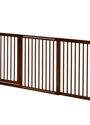 Freestanding Length Adjustable Wooden Pet Gate with Lockable Door 3 Panels, Brown