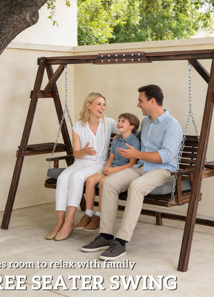 3 Seat Wooden Porch Swing with Stand, Patio Swing with Cushion, for Garden, Poolside, Backyard, Carbonized Brown
