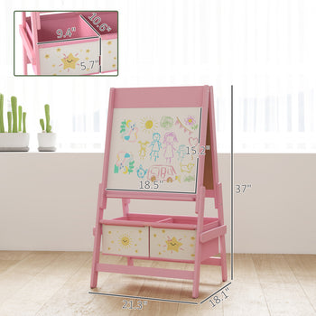 Art Easel for Kids, Double-Sided Whiteboard & Chalkboard with Paper Roll, Storage Baskets for Toddlers Ages 3-8, Pink