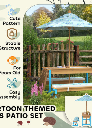 Kids Picnic Table Set with Foldable Umbrella, Removable Cushions & Boxes, Dinosaur Theme, Blue