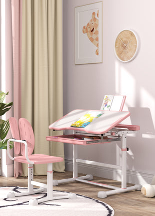 Adjustable Kids Desk and Chair Set with Tilt Desktop & Storage, Pink
