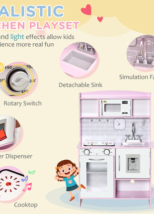Pretend Play Kitchen with Sound Effects and Stove Lights, Kids Kitchen Playset with Storage, Water Dispenser Preschool & Kindergarten Gift for 3-6 Years Old, Pink
