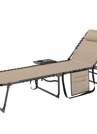 Folding Outdoor Chaise Lounge Chair Tanning Chair with 5-Level Adjustable Back, Side Table, Pillow, Pocket, Beige