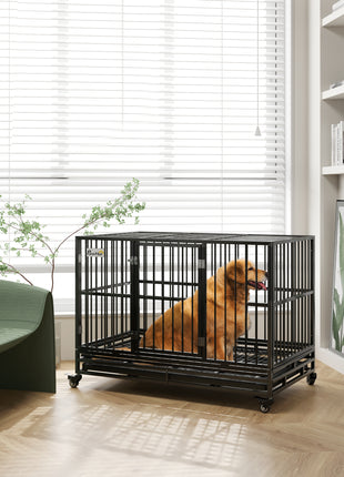 48" Heavy Duty Dog Crate Metal Cage Kennel with Lockable Wheels, Double Door and Removable Tray, gray