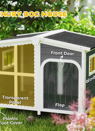 Cabin-Style Wooden Dog House for Large Dogs with Openable Roof & Giant Window, Dark Gray