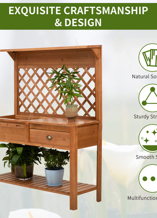 Garden Potting Bench, Outdoor Wooden Workstation Table w/ Metal Screen, Drawer, Hooks, Storage Shelf, and Lattice Back for Patio, Backyard and Porch