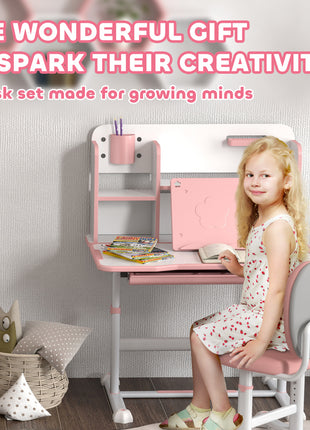 Height Adjustable Kids Desk and Chair Set for Writing Drawing w/ Tilt Desktop, Storage Drawer and Reading Rack, Pink