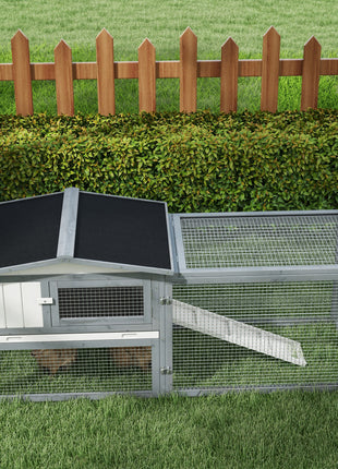 Large Rabbit Cage Outdoor 61"L Guinea Pig Hutch w/ Run Feeding Trough Removable Tray Ramp Asphalt Roof, White