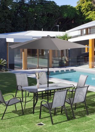8 Pieces Patio Furniture Set with 9Ft Patio Umbrella, Outdoor Dining Table and Chairs, 6 Chairs, Push Button Tilt and Crank Parasol, Tempered Glass Top, Gray