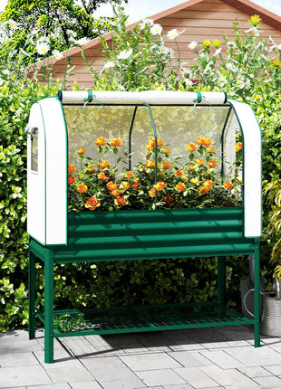Galvanised Raised Garden Bed with Greenhouse Cover, Metal Elevated Garden Bed with Bed Liner, Bottom Shelf, Green