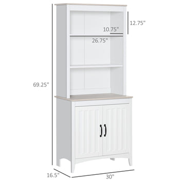 70" Kitchen Hutch, Freestanding Storage Pantry Cabinet with 3-Tier Shelving, Sideboard with Adjustable Shelves and Open Countertop, White