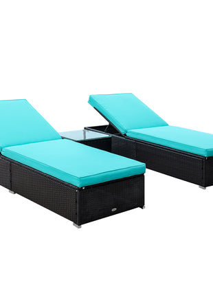 Chaise Lounge Chair Set of 2 with 5 Angle Backrest, Outdoor Coffee Table, Water Repellent Cushions, PE Rattan Wicker Poolside Chairs, 3-Piece Pool Furniture Set, Dark Brown/Turquoise