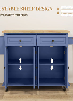 Kitchen Island on Wheels, Rolling Cart with Rubberwood Top, Spice Rack, Towel Rack and Drawers, Navy Blue