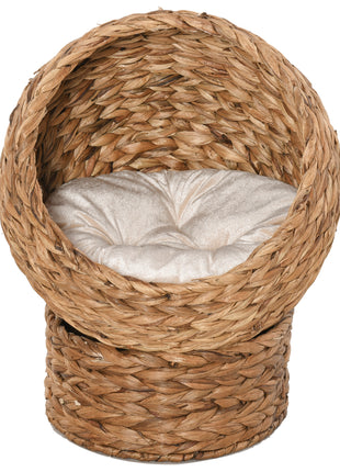 Handwoven Elevated Cat Bed with Soft Cushion & Egg Chair Shape, Basket Bed Kitty House with Stand, Raised Wicker House for Indoor Cats, 23.5" H, Light Brown