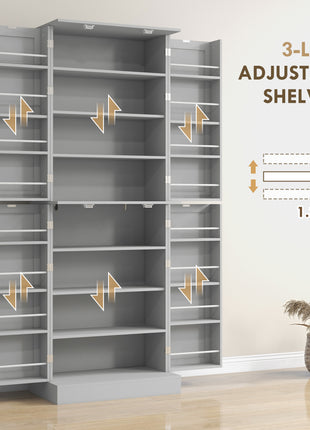 65" Kitchen Cabinet, Kitchen Pantry Cabinet with 4 Doors and 16 Door Shelves for Dining Room, Gray