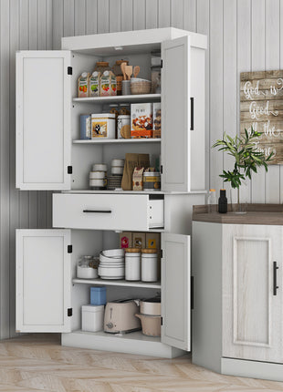 72" Tall Kitchen Cabinet, Kitchen Pantry Cabinet with Barn Doors, Drawer, 5-Tier Shelf and Adjustable Shelves, White