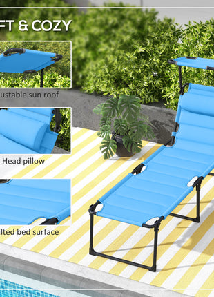 2 Pcs Outdoor Lounge Chair, 4 Position Adjustable Backrest, Folding, Cushioned w/ Sun Shade Roof & Pillow, Blue