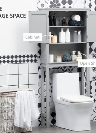Modern Over The Toilet Storage Cabinet, Double Door Bathroom Organizer with Inner Adjustable Shelf and Open Shelf, Gray