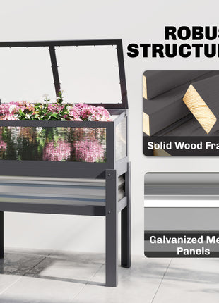 Raised Garden Bed with Flip-Up Mini Greenhouse, Elevated Planter Box with Legs and Bed Liner for Flowers, Vegetables