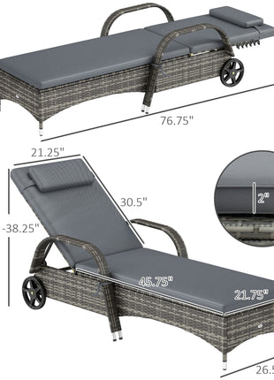 Outdoor Chaise Lounge, 5-Level Adjustable Backrest Rattan Pool Lounge Chair with Wheels, Cushion & Headrest, Gray