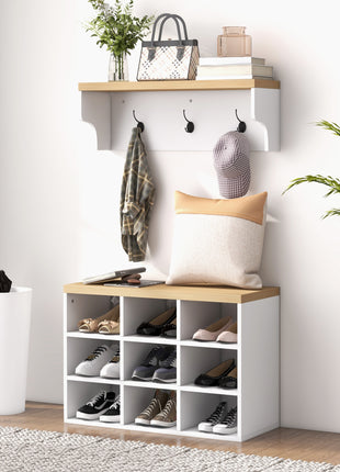 2-in-1 Coat Rack Shoe Bench Set, 5-Hook Hall Tree with Bench and Shoe Storage for 9 Pairs of Shoes for Entryway, Hallway, White