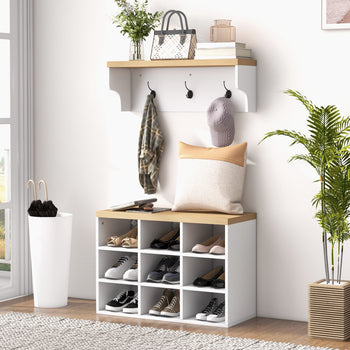 2-in-1 Coat Rack Shoe Bench Set, 5-Hook Hall Tree with Bench and Shoe Storage for 9 Pairs of Shoes for Entryway, Hallway, White
