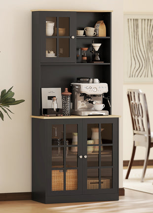 Kitchen Pantry Storage Cabinet, 72" Freestanding Cabinet with Hutch, Large Countertop, Glass Doors and Adjustable Shelves for Dining Room, Black