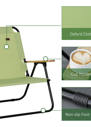 Double Folding Camping Chair, Loveseat for 2 Adults, Portable Camping Couch with Wood Armrest & Cupholders, for Backpacking, Beach, Sports Travel, Green