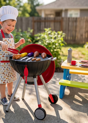Kids Kitchen Playset with Sounds, Lights & Realistic Charcoal Effect, 40PCS Pretend BBQ Grill Playset for 3-6 Y, Red