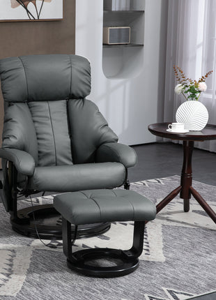 Swivel Recliner with Ottoman, Faux Leather Reclining Chair with Massage, Footstool Remote and Side Pocket, Gray