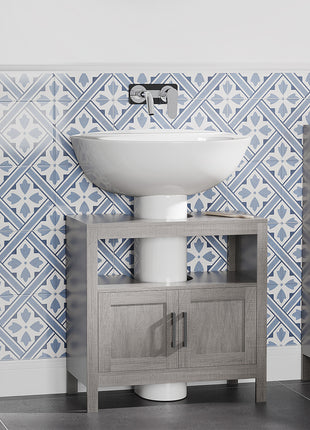 Pedestal Sink Storage Cabinet, Bathroom Under Sink Cabinet with 2 Doors and Open Shelf, Bathroom Vanity, Gray
