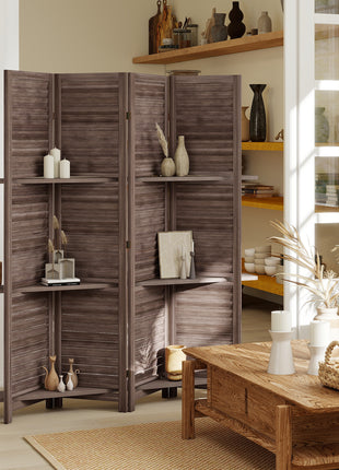 4 Panel 67" Tall Wood Privacy Screen Room Divider with 3 Shelves and Folding Storage for Bedroom, Walnut