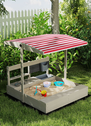 Kids Sandbox with Height Adjustable Canopy, Wooden Sandbox Backyard Toy with Kitchen Playset Accessories, Outdoor Activity Gift for Girls and Boys, Ages 3-7