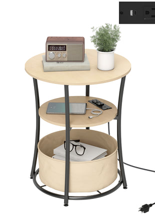 Round Side Table with Charging Station, 3-Tier End Table with Fabric Storage Bag and Shelf, Natural Wood