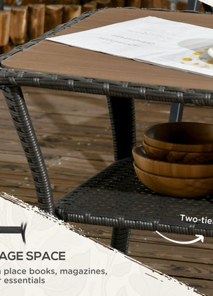 Outdoor Patio PE Rattan Coffee Table with Storage Shelf, Wicker Side Table with Wood-Plastic Composite Top, Mixed Brown