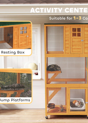 74" Wooden Outdoor Cat House Catio Outdoor Cat Enclosure, Orange