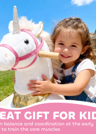 Ride on Unicorn Toy for Kids 3-5 Years, 29.5 Inch Plush Baby Rocking Horse with Wheels, No Battery Required, White