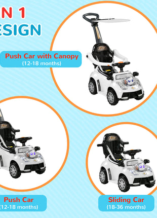 3 in 1 Push Car Sliding Car with Removable Handle, Music, Horn, Canopy, Safety Guardrail, White