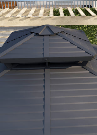 10' x 10' Hardtop Gazebo with Aluminum Frame, Metal Roof Gazebo Canopy w/ Hook, Curtains included, Dark Brown