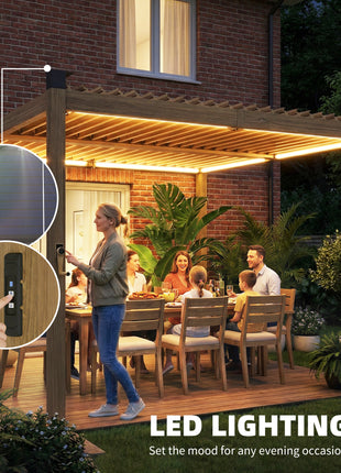 10' x 10' Louvered Pergola with Solar LED lights, Metal Roof, Outdoor Pergola Patio Gazebo with Drainage Gutters, Brown