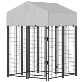 Outdoor Dog Kennel with Roof, 4' x 4' x 6' Heavy Duty Welded Wire Dog Playpen Enclosure with Escape-proof Lock